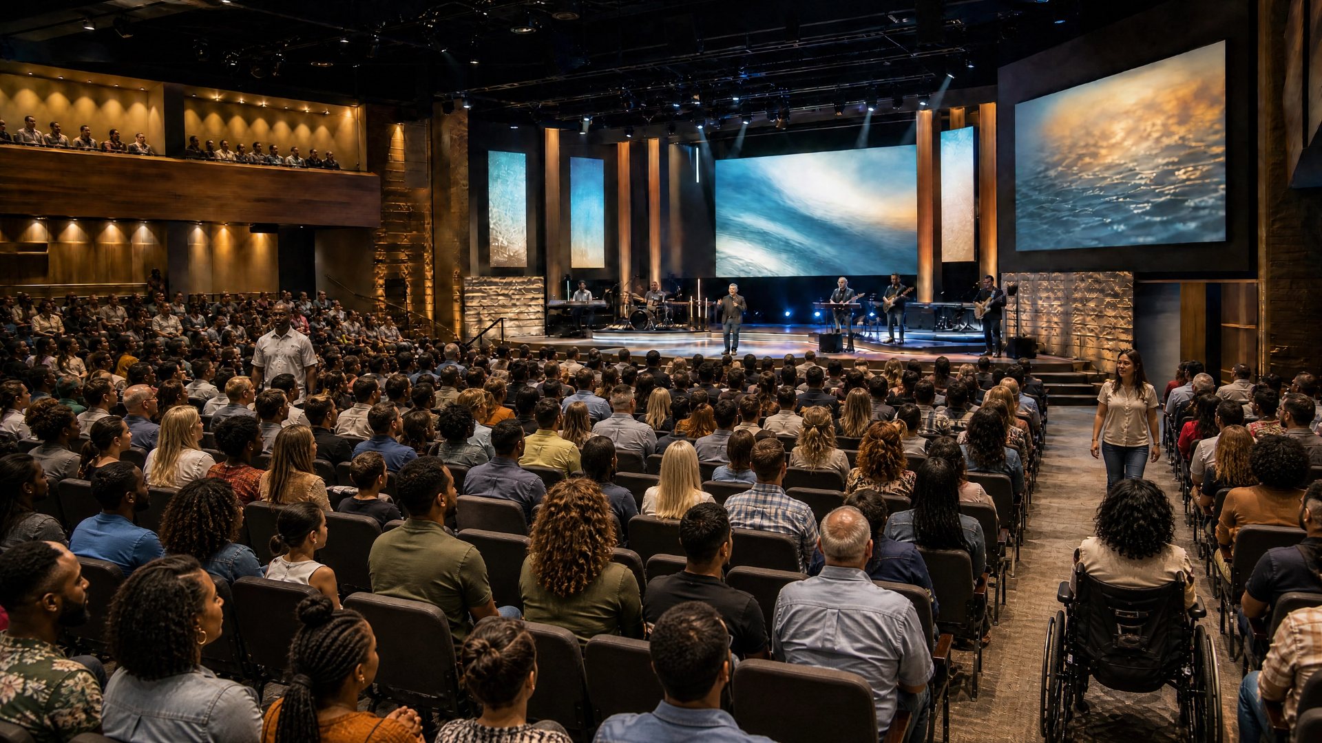 A congregation gathered inside a house of worship